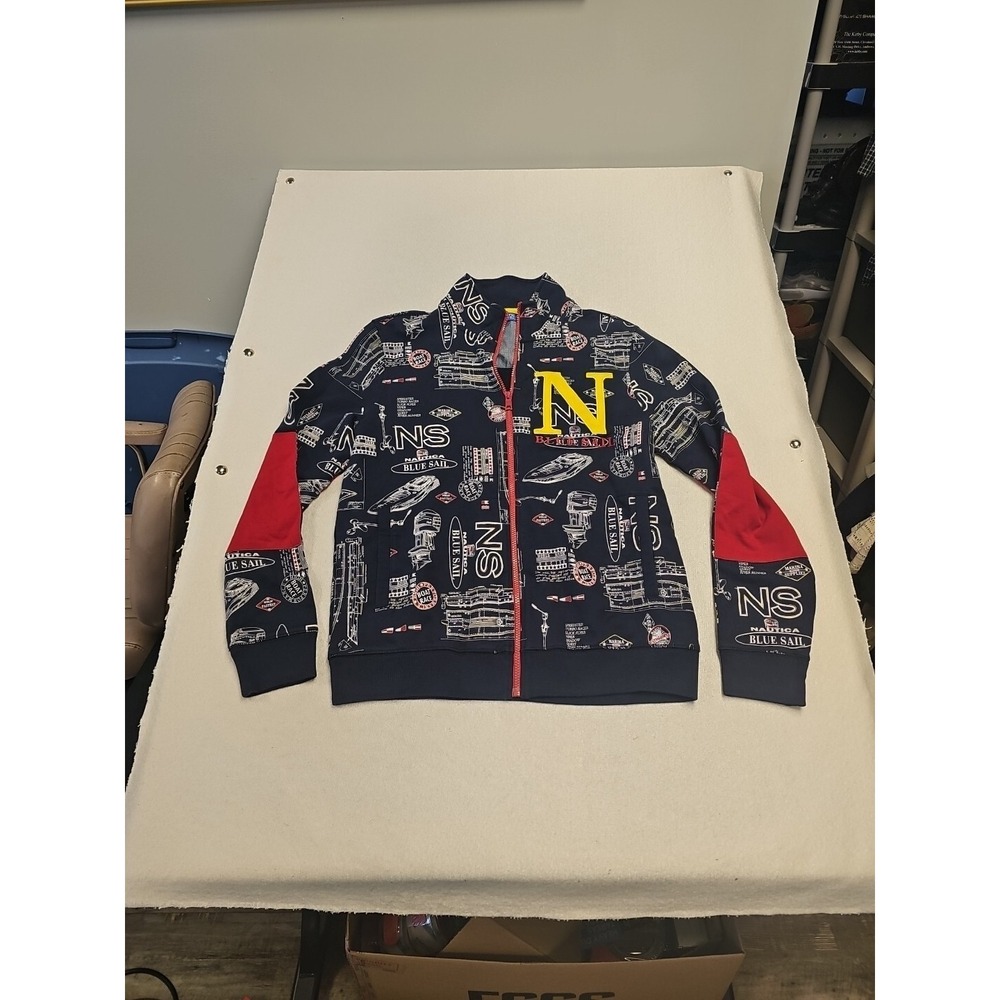 Nautica Men M Blue Sail Full Zip All Over Graphic Print Track Jacket-Navy Blue